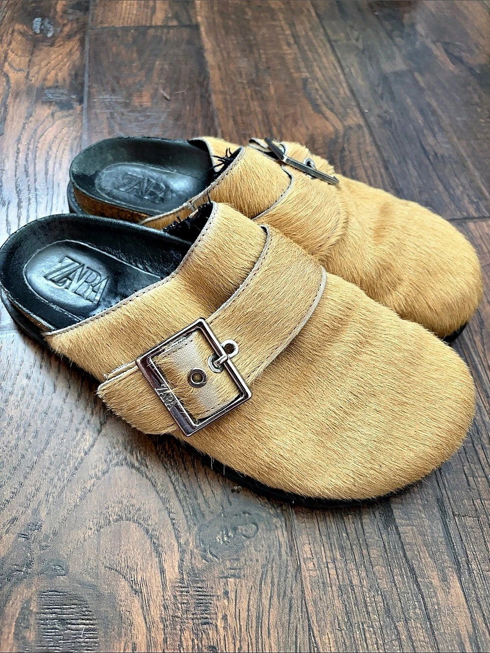 Zara Leather Buckle Clogs Pony Hair Mules EU 38 Brown